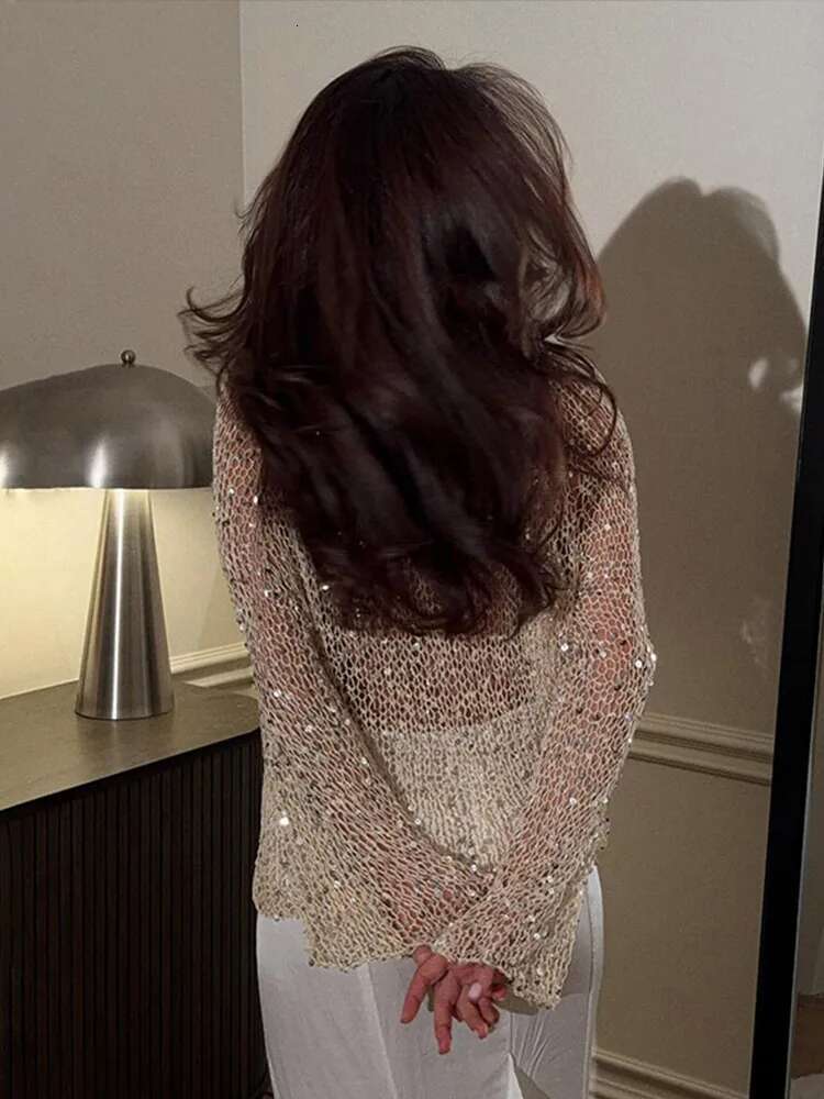 Elegant Sequin Women Pullover Fashion Glitter Hollow Out Full Sleeve Female Tops Chic Loose Casual Lady High Street Outerwear