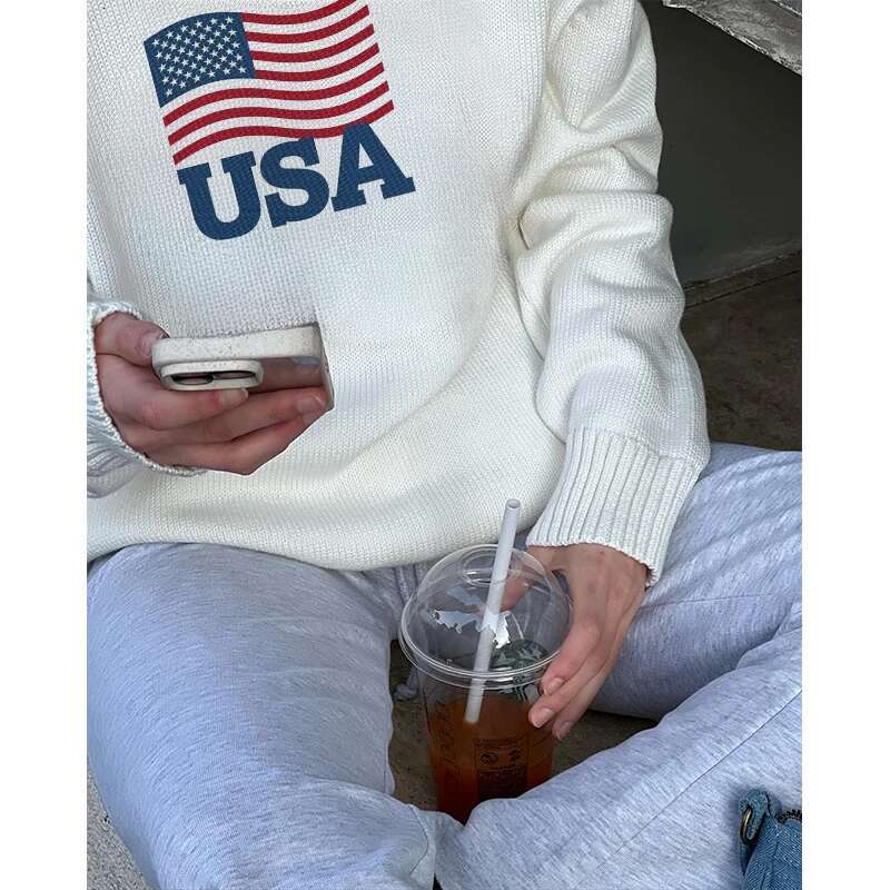 Women USA Letters Print Graphic Casual Aesthetic Sweaters Vintage Fashion Autumn Winter Haruku Streetwear Classic Clothes