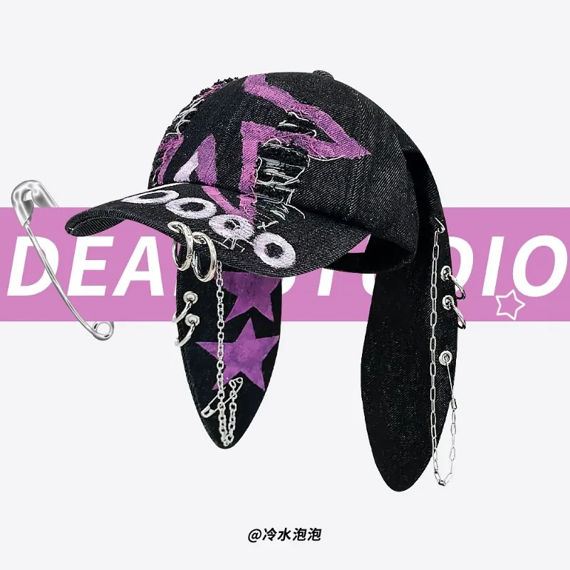 Niche Y2k Dark Punk Style Hoop Pin Rabbit Ears Baseball Cap Men and Women Ripped Street Trend Sunshade Adjustable Hip Hop Hat250108