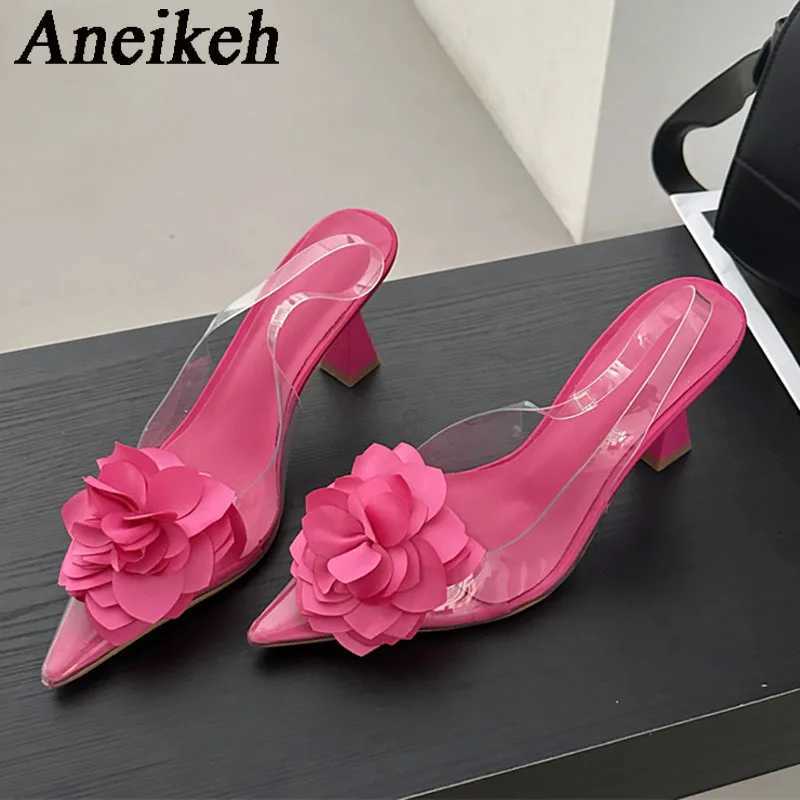 New Arrival Aneikeh Womens Silk Flower Decorative Single Shoes Sexy Transparent PVC Dot Strap High Heels Party Dress Zapatos T250110