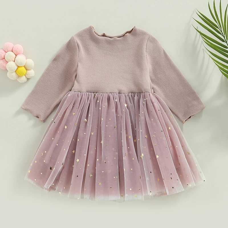 Girl sequin star moon pattern layered chiffon Tutu dress crew collar long sleeved autumn princess childrens casual dress W250111