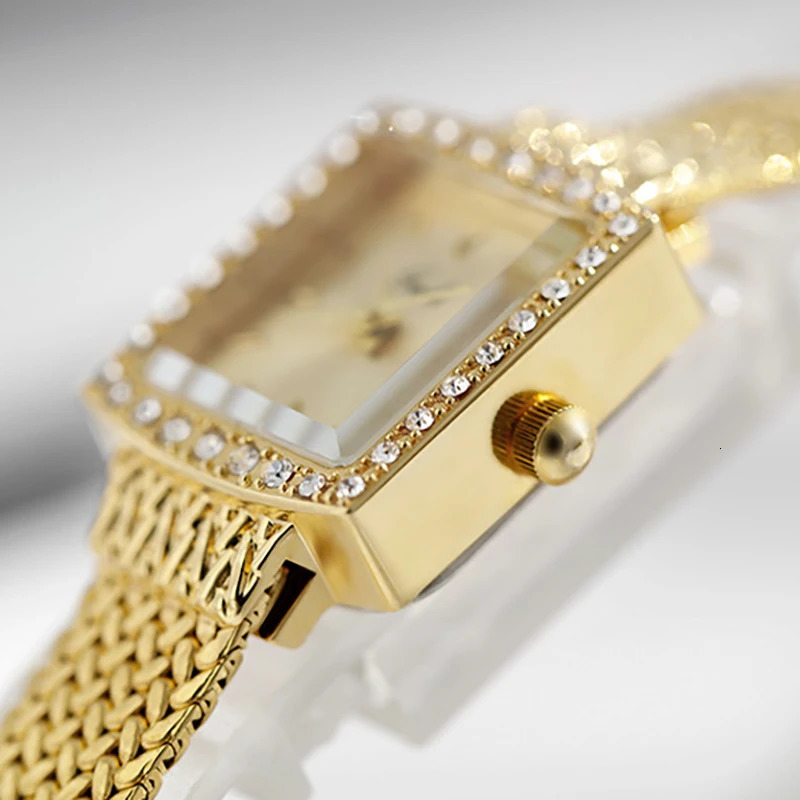 Fashion Gedi Top Band Womens Small Square Waterproof Quartz Temperament Water Exquisite Diamond Mesh Chain Gold Gift Watch 241228