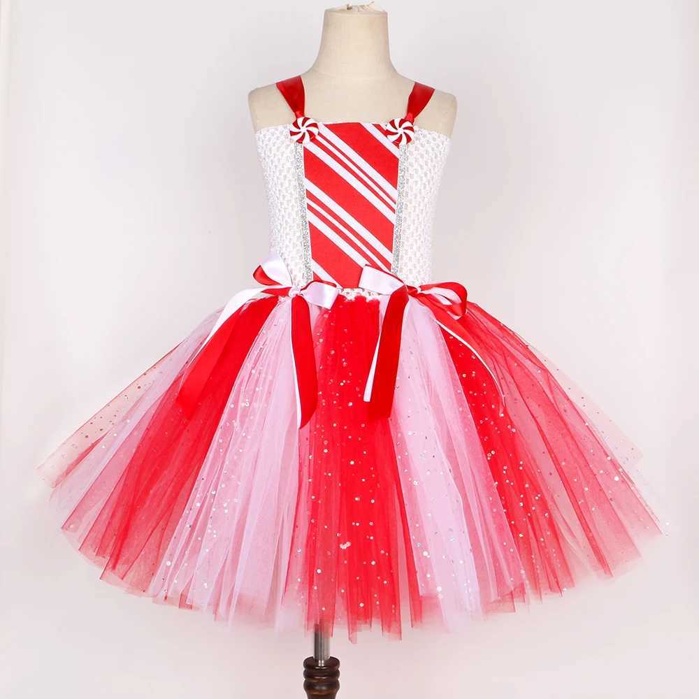 Girls Christmas Candy Cane Tutu Dress Set Red and White Sparkling Santa Claus Lady Childrens New Year Christmas Par Dress W250111
