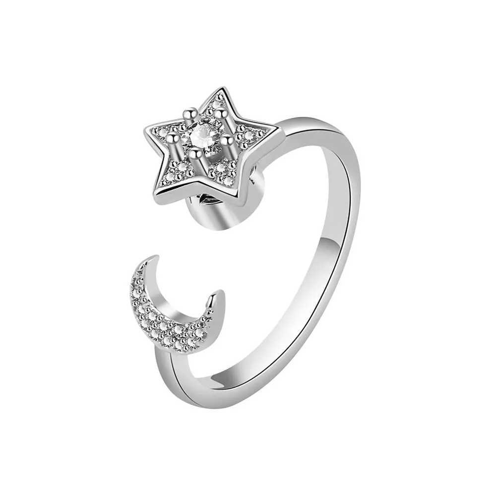 Ventilate 925 sterling silver moon and star zircon rotating ring womens gift diamond decompression ring jewelry wholesale W250111
