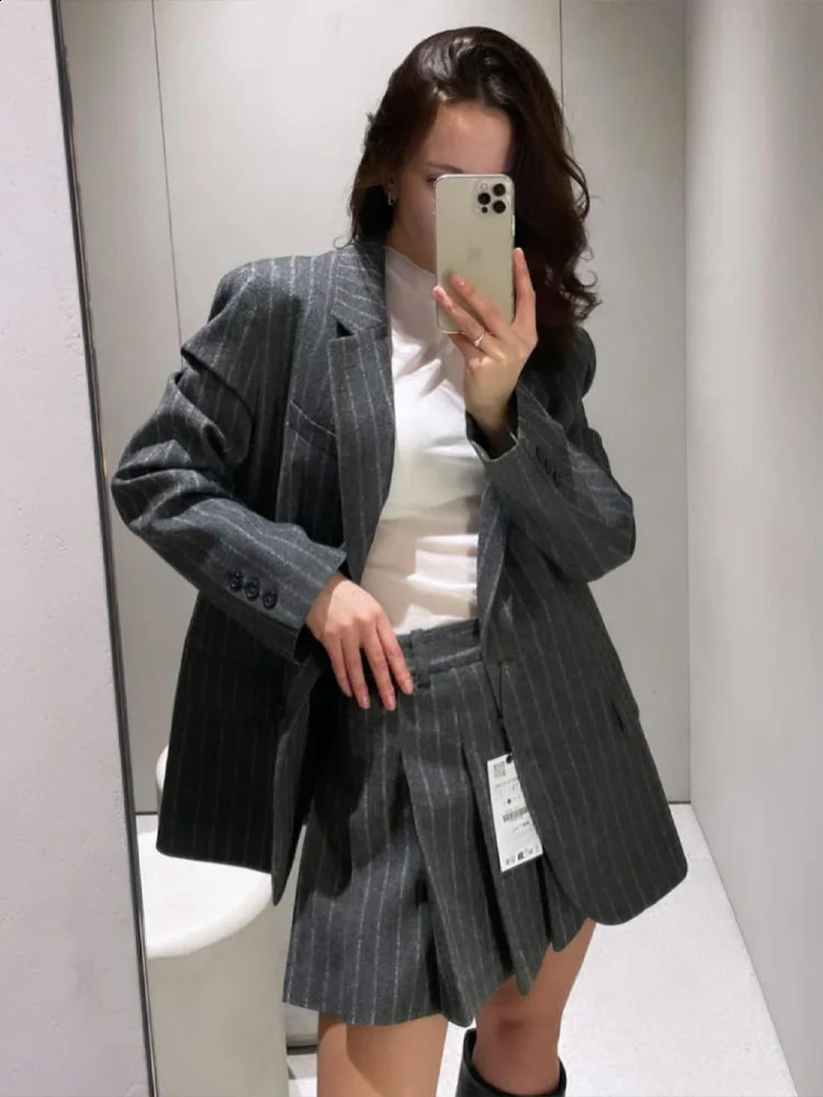 TRAFZA Spring 2 Piec Suits For Women V Neck Long Sleeves Single Breasted Blazer Coat Folds Streetwear Womens Mini Skirt 250109