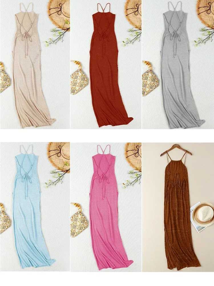 Basic Casual Dresses Sexy Holiday Knitted Beach Holiday Dress No Back See Through Halter Slim Summer Elegant Maxi Beach Dress
