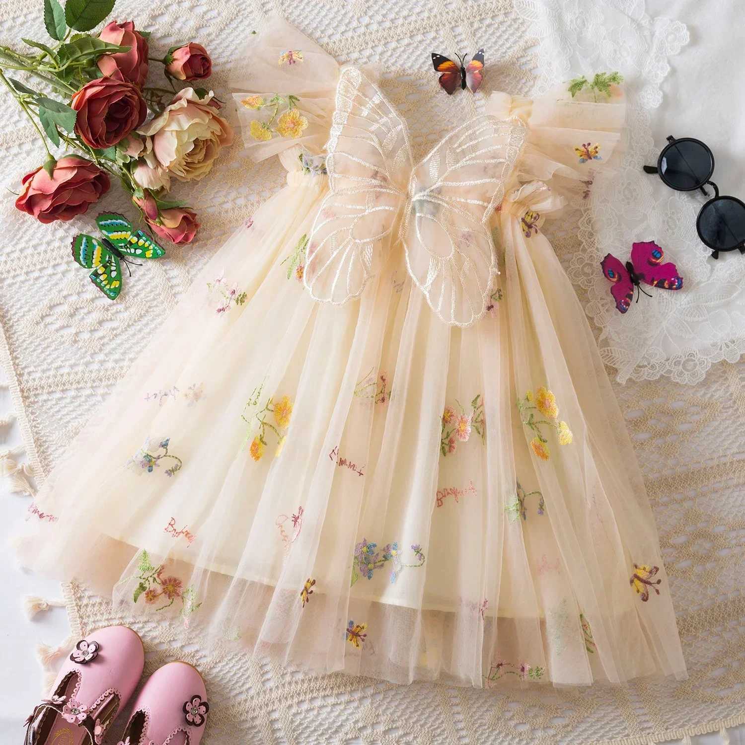 Preschool Girl Par Dress Butterfly Fairy Dress Childrens Lace Embroidery Net Tutu Baby Birthday Dress W250111