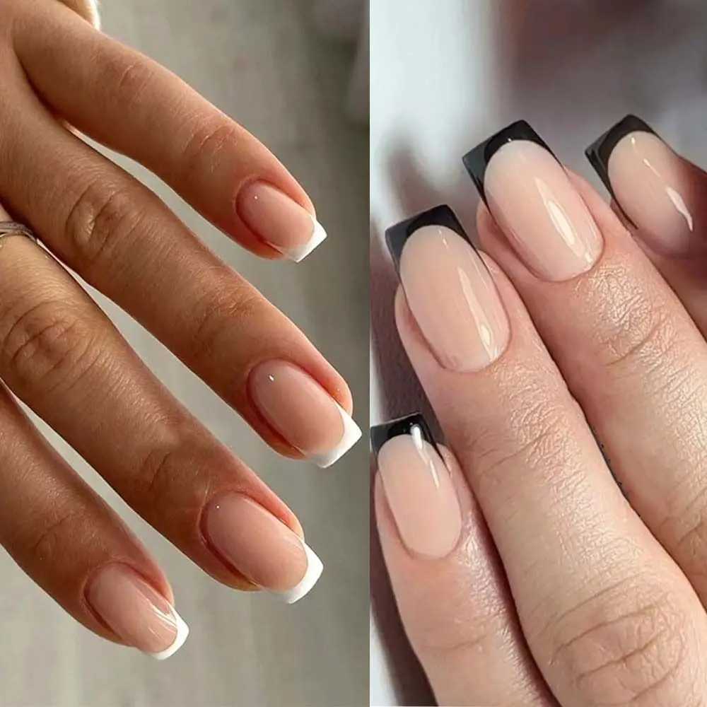 Black White Edge False Nails Fashion Short Square Full Cover Nail Tips French Detachable Press on Nails DIYXJ250110