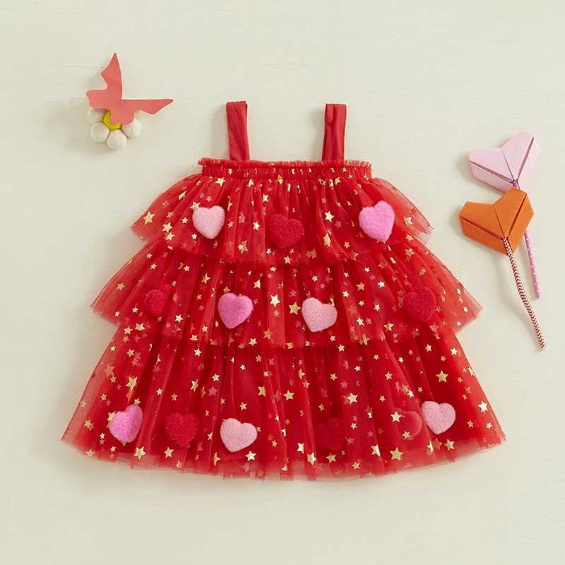 Childrens Girls Fashion Valentines Day Dress Star Printed Square Collar Sleeveless Layered Chiffon Dress with 3D Heart 1-9 Years W250111