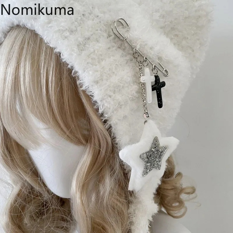 Y2K Cute Star Knitted Bean Hat Ins Cute Japanese Gorilla Knitted Wool Warm Hat Autumn Winter Cat Ear Horn Womens Hat 250110