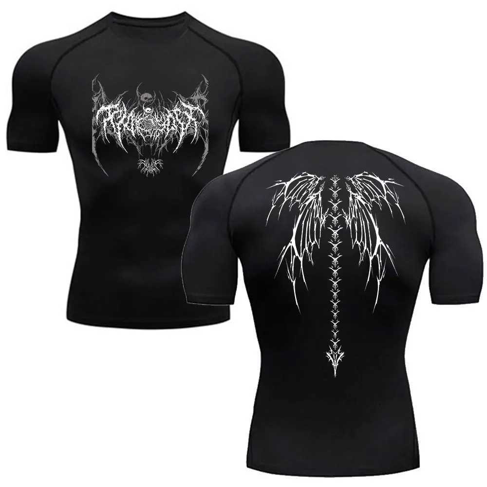 Y2K compression shirt mens fitness gym skeleton sports running T-shirt Rashgard top three-way quick drying short sleeved mens T-shirt W250111