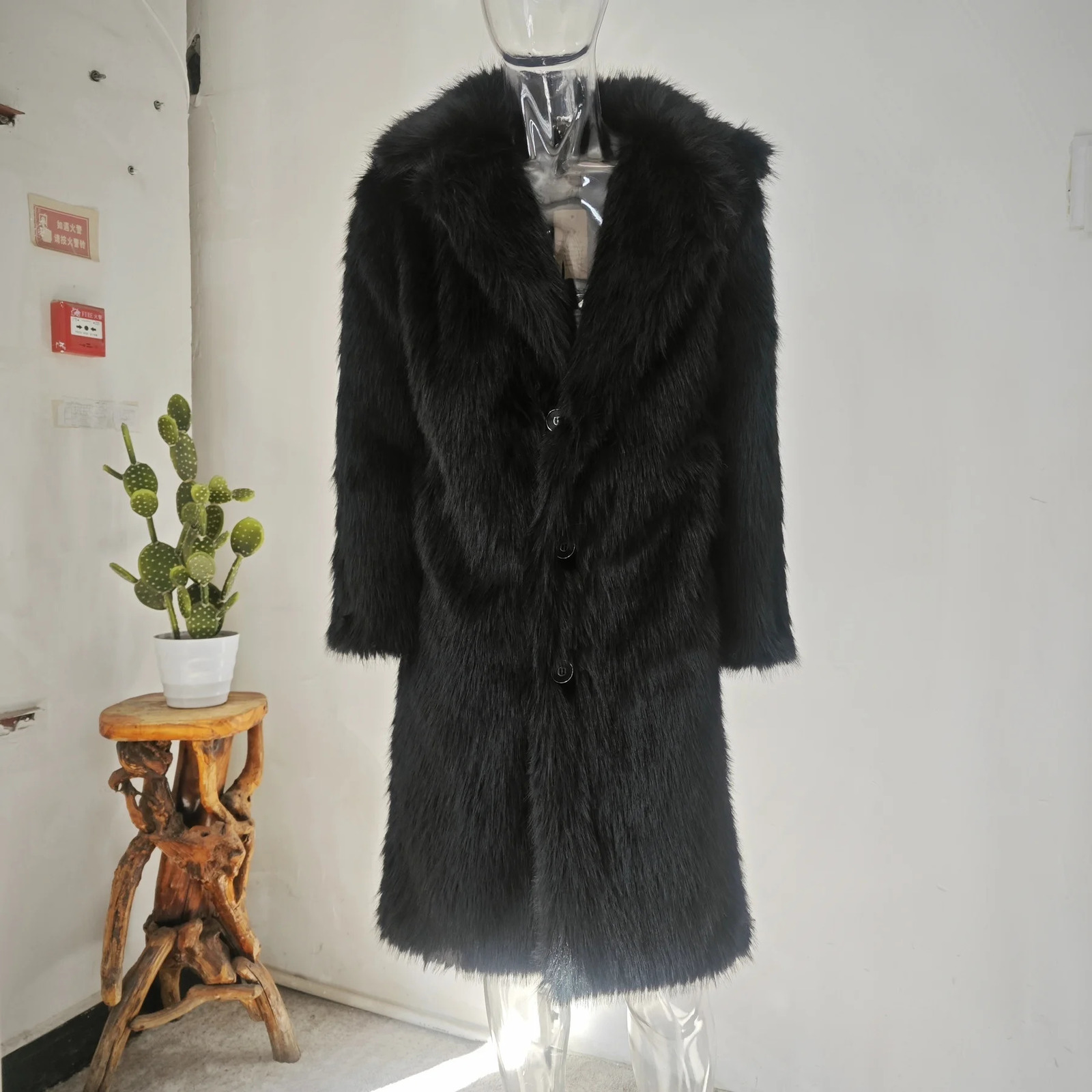 PFNW Autumn Winter Mens Black Lapel Faux Fur Coat Thickened Warm Knee Length Overcoat 2024 Trend Cardigan Coats 12C1886 250107