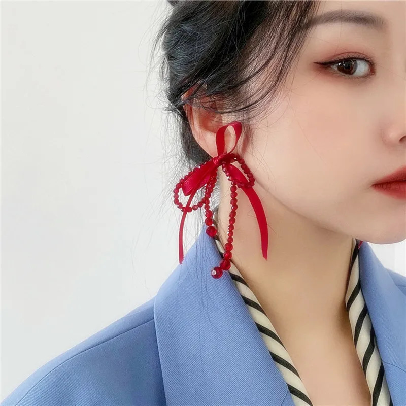 Lucky Red Earrings Personalized Large Ribbon Crystal Knot tassel Long Pendant Earrings Korean Style 250110