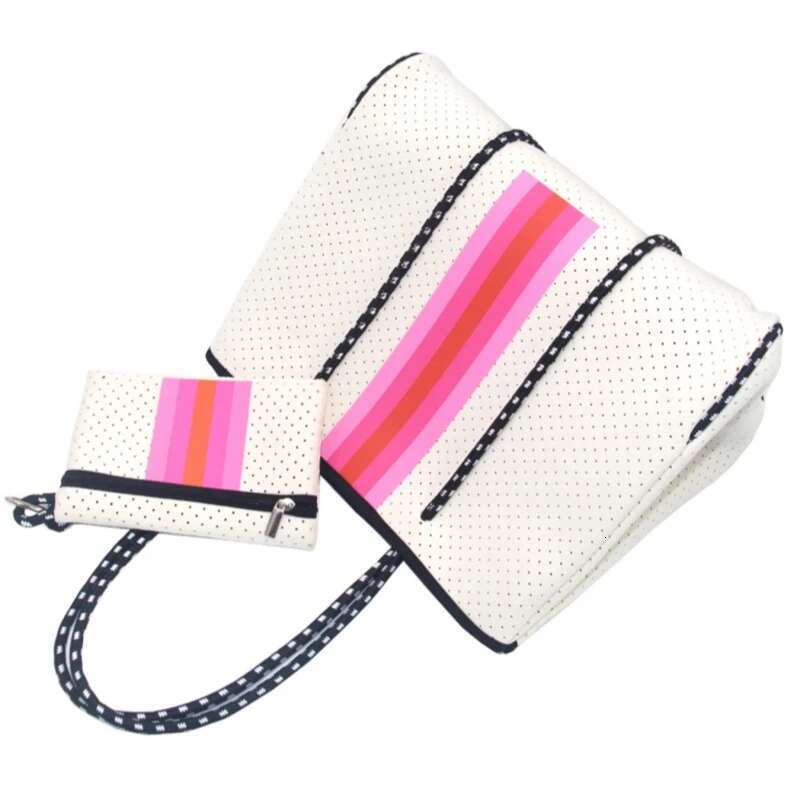 Hot Selg Striped Printing Women Traveg Handbag Big Hand Neoprene Ladies Perforated Beach Tote Bag