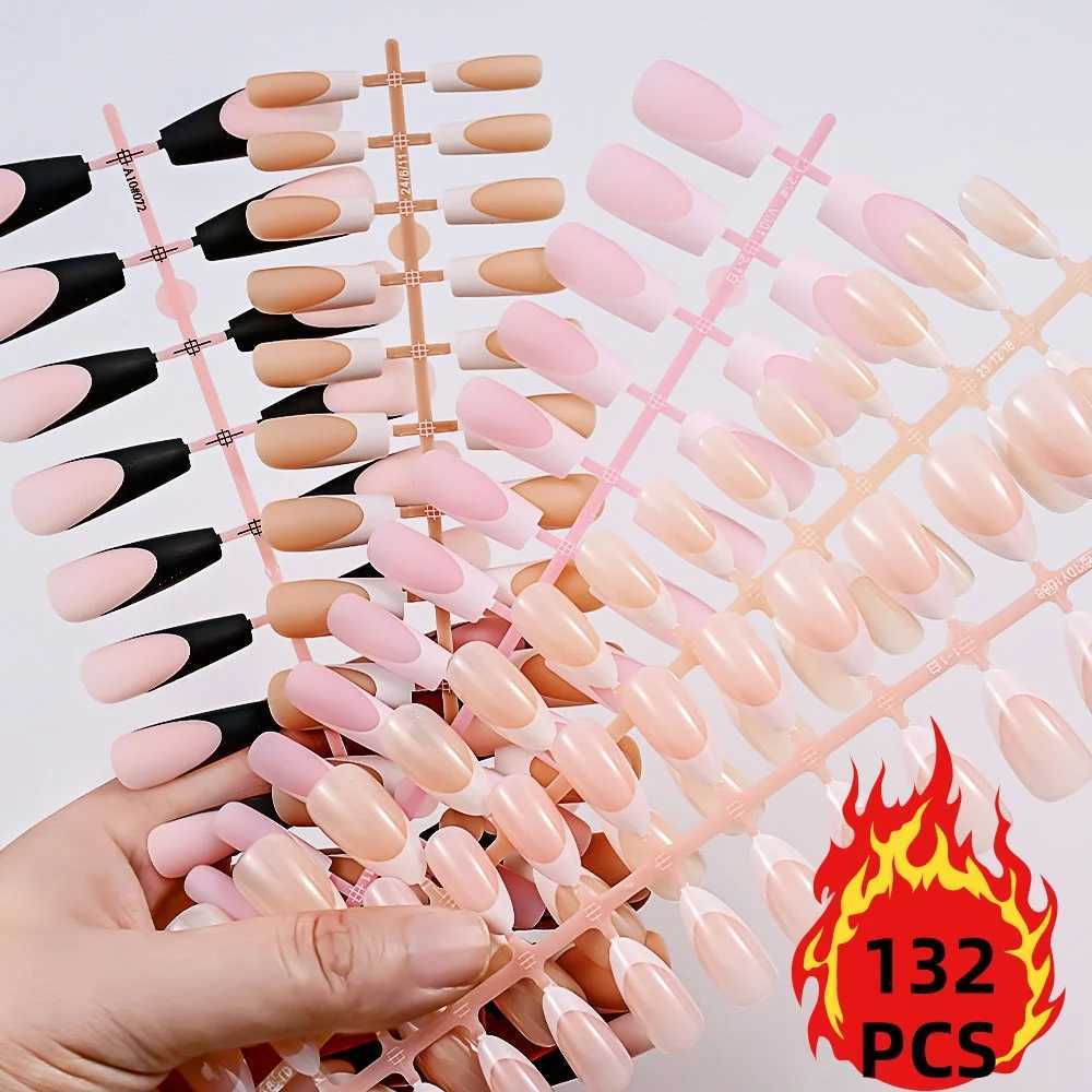 132Pcs Pre-French Gel Tips Soft Gel System Medium Long Almond Square White/Black French Tip Gel Nails 12 Sizes for DIY Manicure*XJ250110