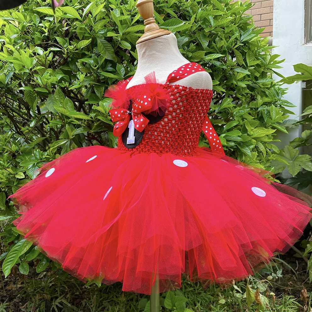 Cute baby red Tutu dress girl crocheted chiffon dress with polka dot bow and hair childrens birthday Par costume W250111