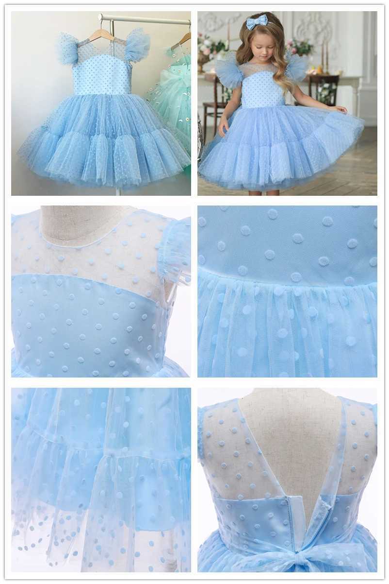 4-10T Girl Princess Dress Childrens Short Sleeve Dot Birthday Tulle Tutu Evening Dress Par Clothing Childrens Baby Blue Casual Clothing W250111