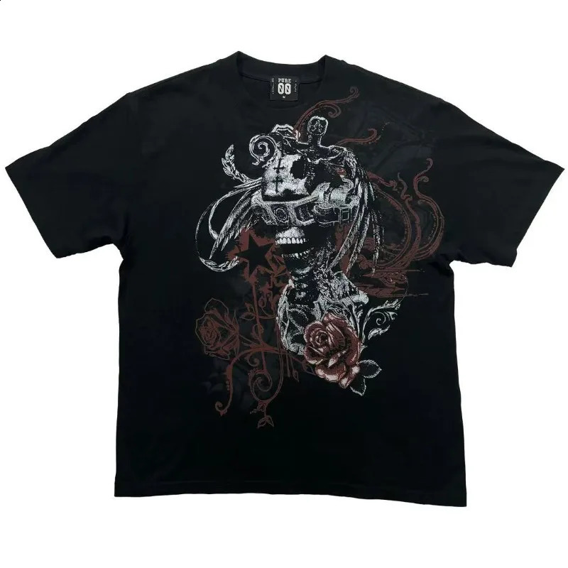 Y2k Harajuku Trend Hip Hop Oversized Tshirt Vintage Goth loose shirt Skull personality n printed short sleeve men clothing 250108