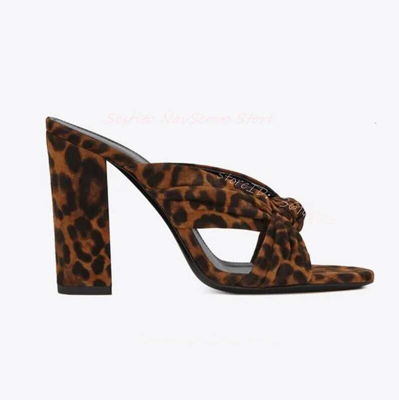 Classic Open Toe Mules Cross Twist Straps Block High Heels Slip On Slippers Hollow Sexy Ladies Summer Suede Casual Sandals