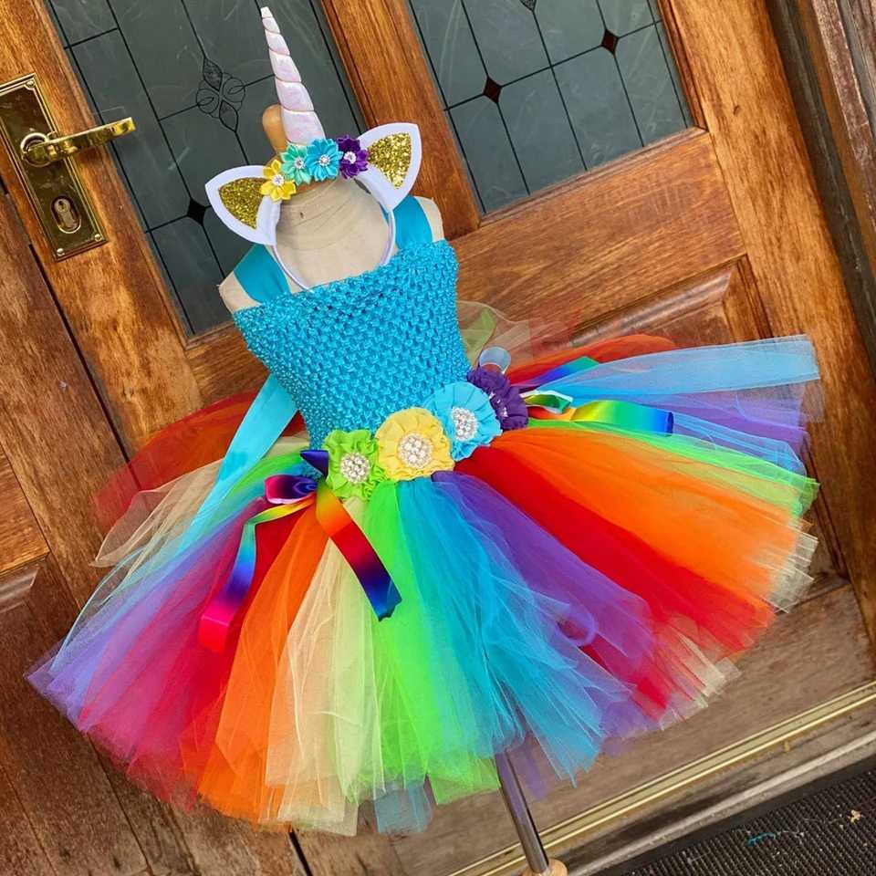 Girl Rainbow Tutu Dress Childrens crochet floral chiffon dress with hair Childrens birthday cosplay Par clothing W250111