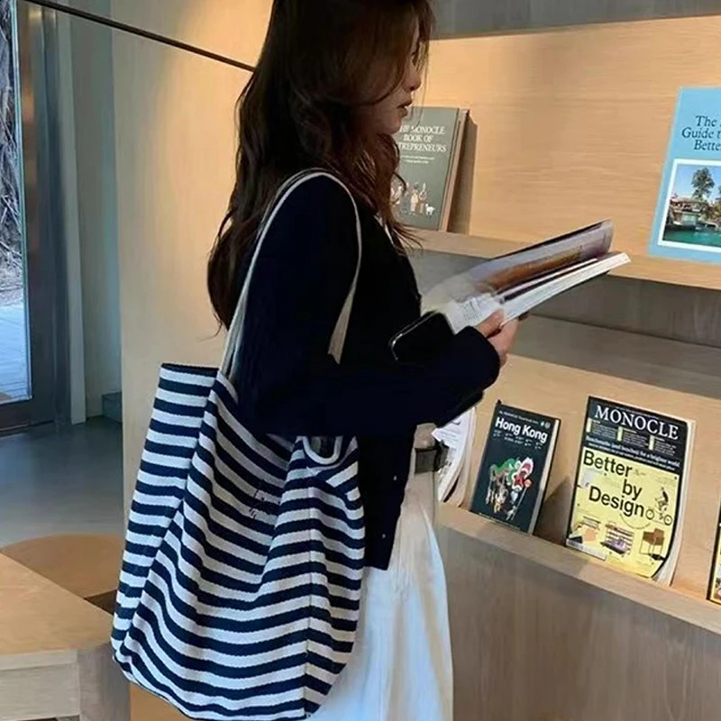 Striped Canvas Bag Large Capacity Single Shoulder Shopping Bag Tote Bag 250106