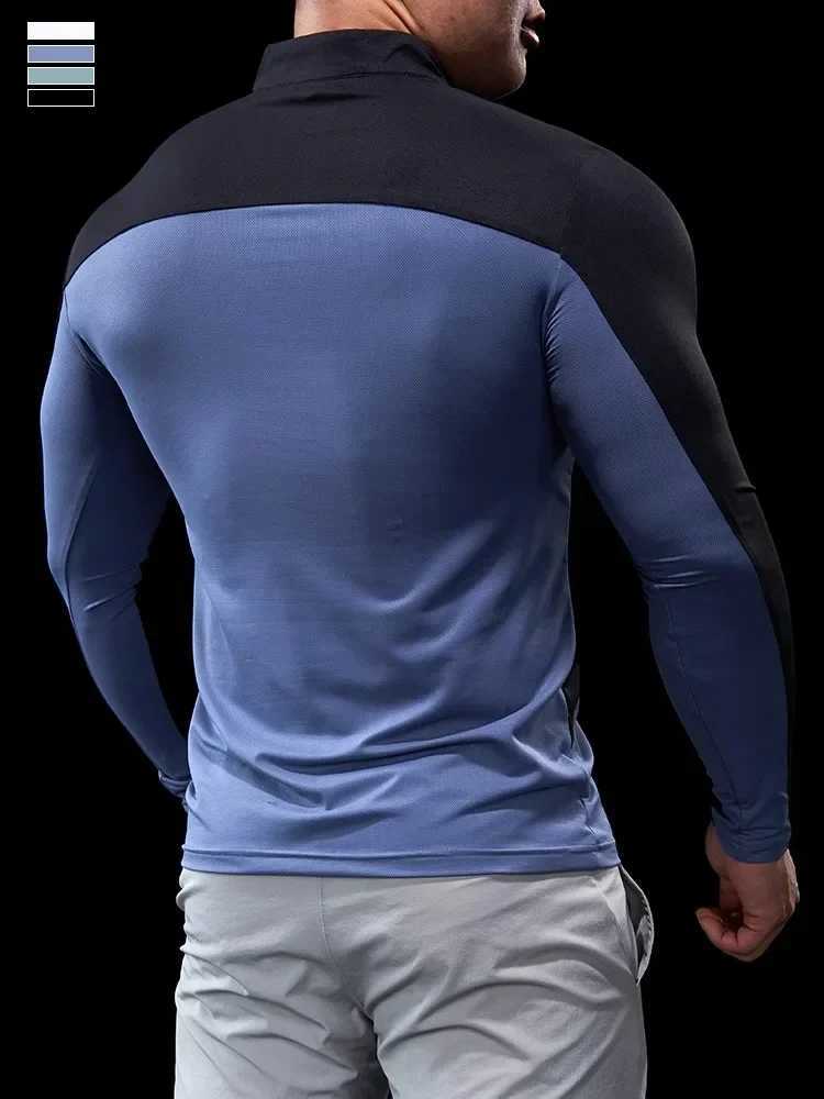 Mens Spring and Autumn Long Sleeve Tight Fitness Clothing Polo Shirt Half Zipper Quick Drying Elastic Exercise Slimming Fitness Top W250111