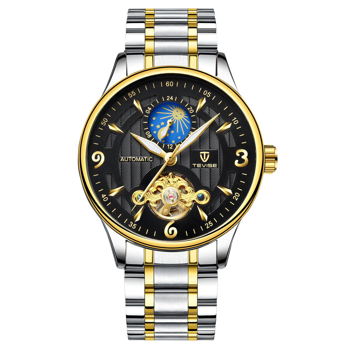 TEVISE Designer Watch Automatic Mechanical Watch Hollowed out Mens Watch with Moon Phase Tourbillon Casual Stainless Steel Strap Waterproof Function T