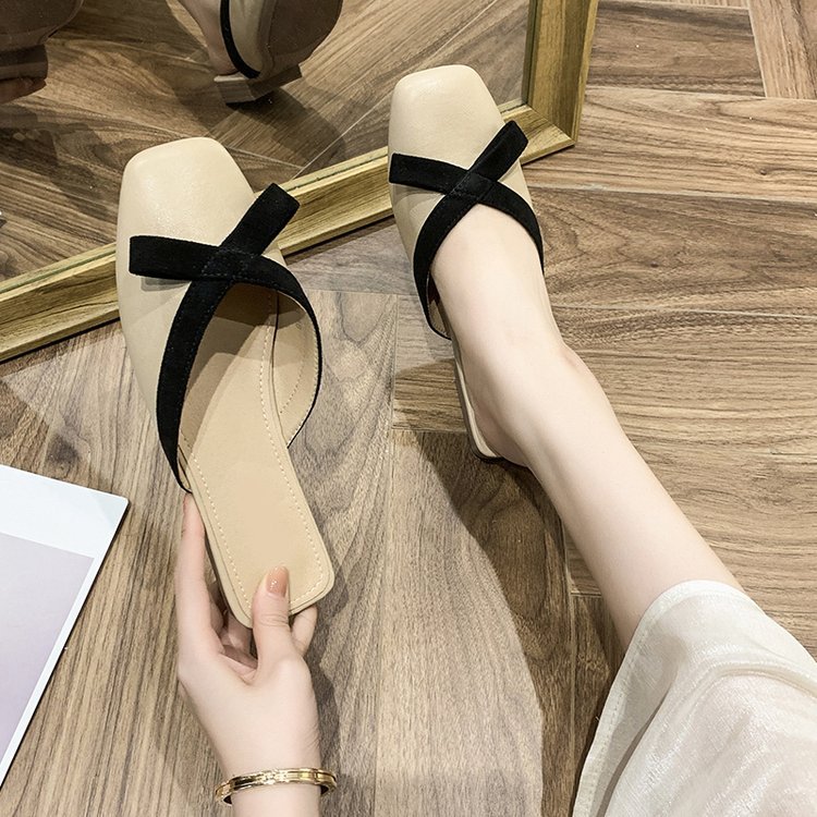 Women Slippers Flat Bottom New Fashion Bow Design Korean Version Outdoor Wear Square Toe Triple Beige Apricot Free shipping