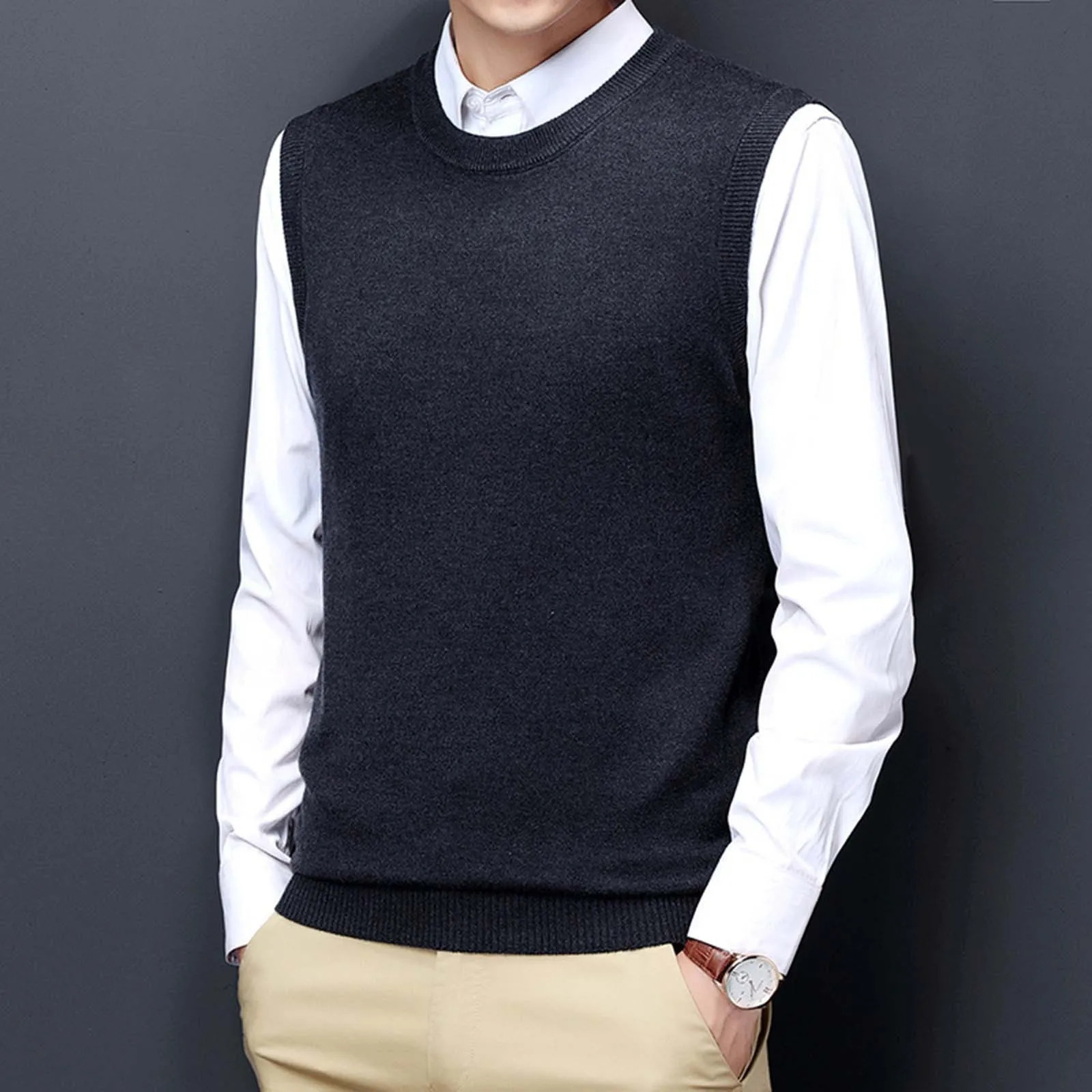 Men Sweater Vest Korean Round Neck Business Casual Fitted Version Black Light Grey Sleeveless Knitted Top Male AllMatch 250107