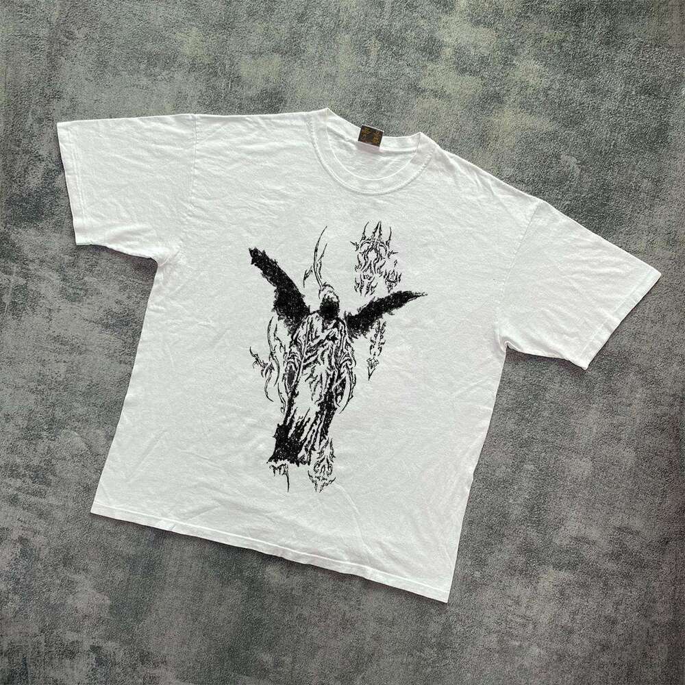 Inspiration punk rock vintage hand-painted printed short sleeved T-shirt street trend versatile unisex half sleeve