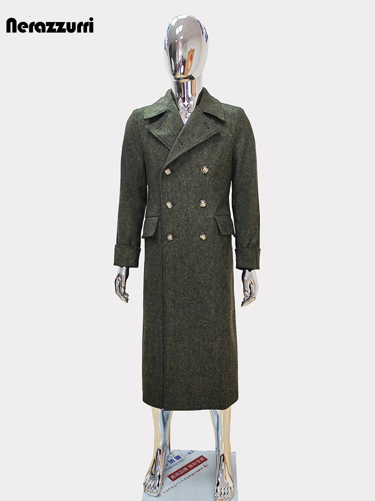 Nerazzurri Autumn Winter Long Elegant Chic Thick Warm Woolen Polo Coat for Men Double Breasted Wool blends Overcoat 250106