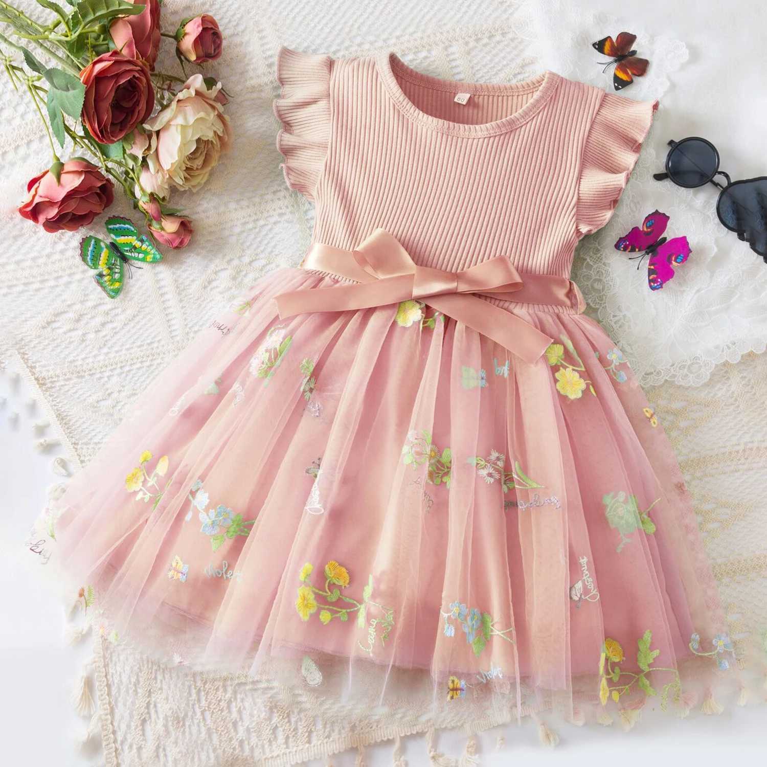 Cute Baby Girl Embroidered Flower Dress Princess Par Tulle Flower Dress Preschool Baby Girl Mesh Tutu Dress 1-5 Years Clothing W250111