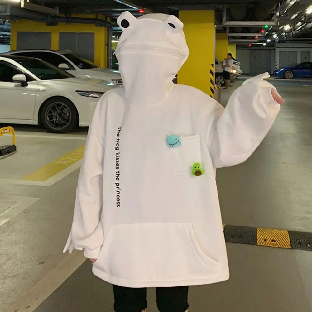 Winter Women Top Cozy Plush Frog Hoodie with Embroidered Letters Big Pocket for Couples Warm Winter Zip-up Jacket for Outdoor 250106