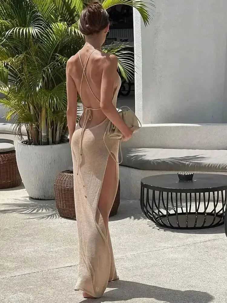 Basic Casual Dresses Sexy Holiday Knitted Beach Holiday Dress No Back See Through Halter Slim Summer Elegant Maxi Beach Dress