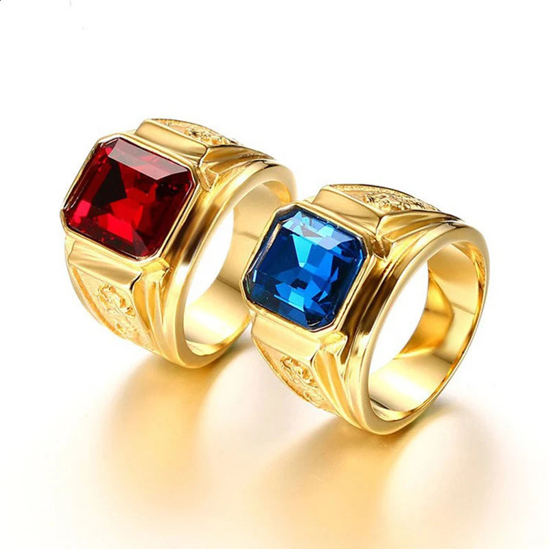 Classic Big Red/Blue Rhinestone Stone Rings For Men Jewelry Gold Color Stainless Steel Party Male Bands 250110