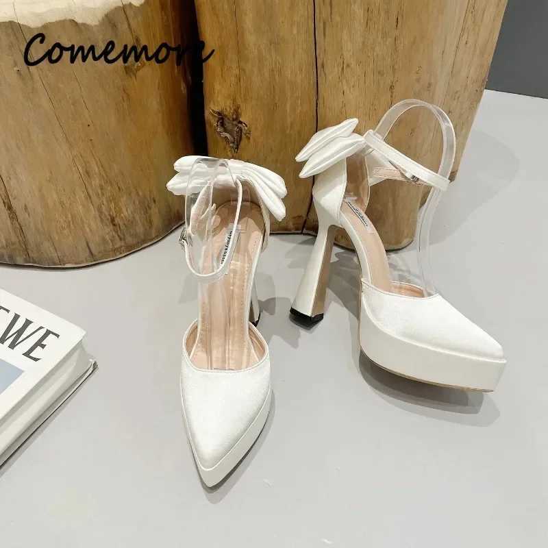 New Arrival Comemore Summer New Fashion Satin Pump High Heels Sandals Bow Buckle Corner Toe Thick High Heels Womens Shoes High Heels T250110