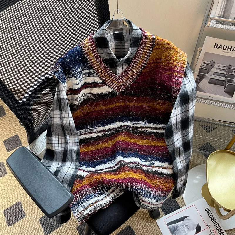 American Retro Gradient Striped Sweater Vest for Men and Women 2023 Autumn College Lazy Style Sleeveless Knitted Coat Tops 250107
