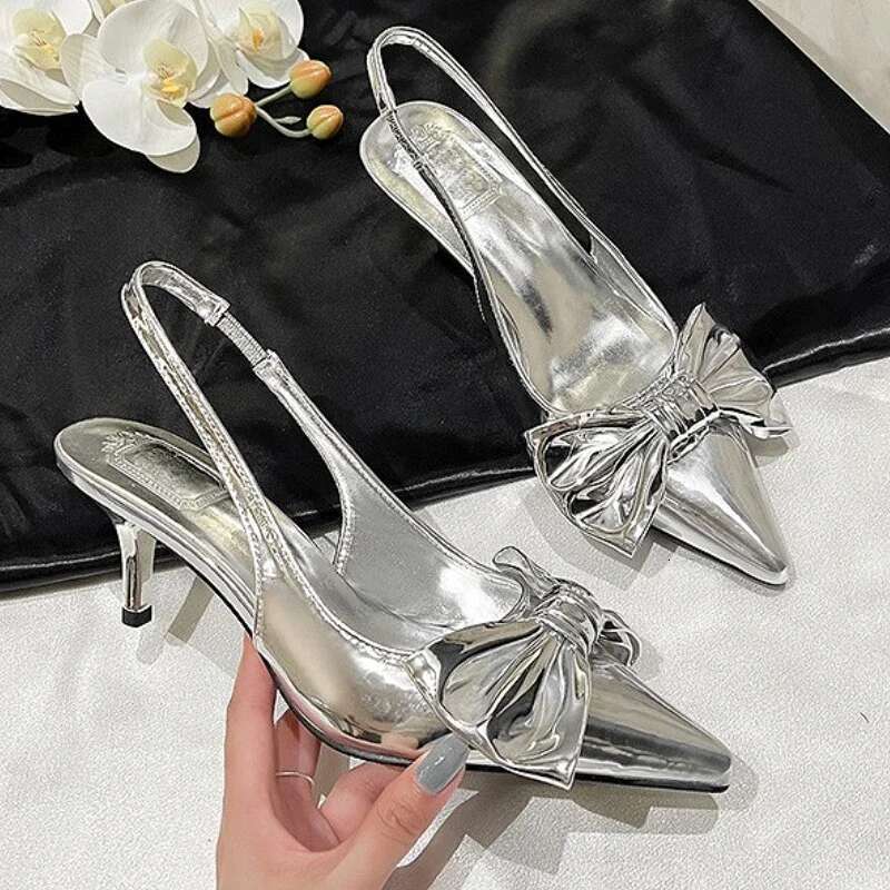 Bow Pointed Toe Muller Shoes Sweet Fashion Elegant Sgbacks Thin Heels Gold Comfy Sandals Women Sandalias De Mujer