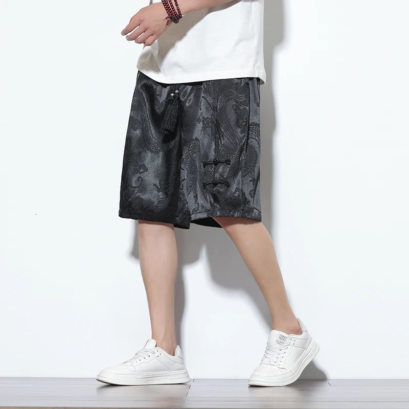 2024 Chinese Style Mens Solid Color Shorts Lightweight Dragon Pattern Beach Men Jogging Sport Black Homme 250103