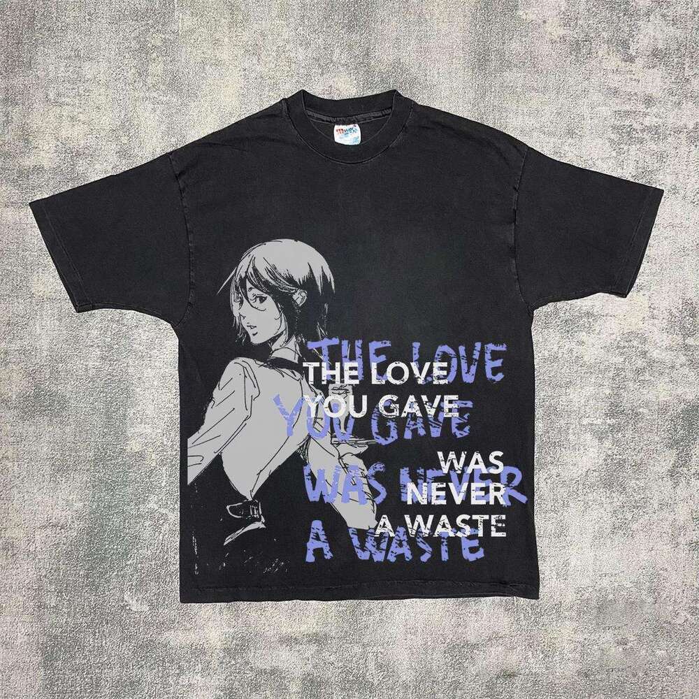 Cartoon anime character letter printed short sleeved men's casual loose and versatile trendy brand white T-shirt ins half cut sleeve