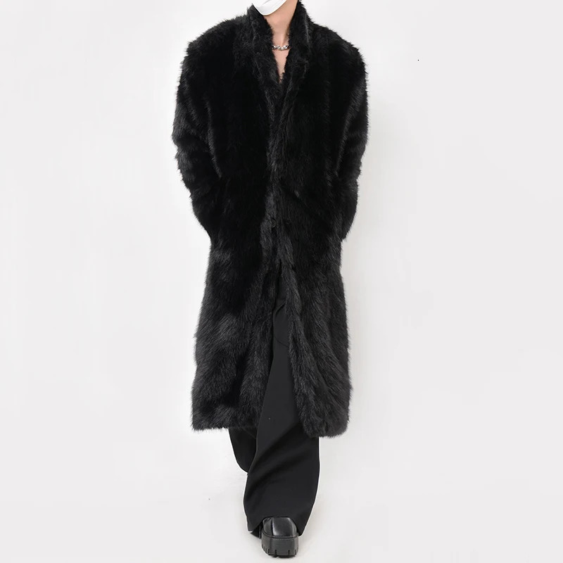 FEWQ Mens Warm Fur Coat Over Knee Plush Windbreaker Thickened Winter 2024 Solid Color Long Sleeve Male Tops Fashion 250107