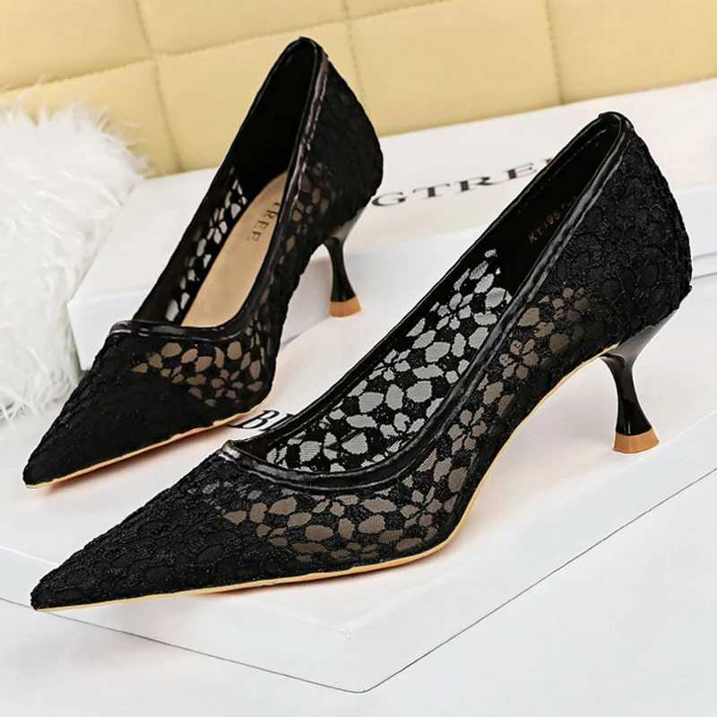 New Arrival BIGTREE shoes mesh cut lace womens pump shoes sexy ping pong shoes slim high heels fAshionable womens shoes Plus size 43 sandals T250110