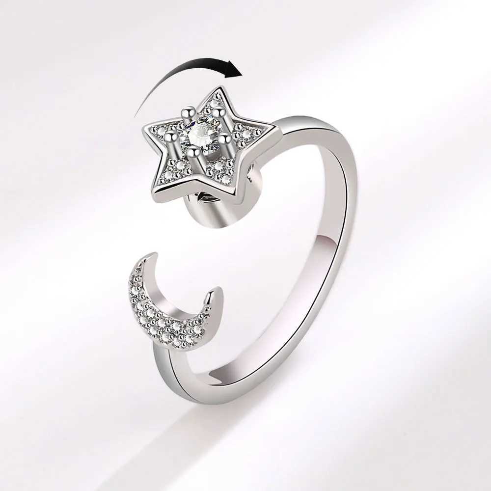 Ventilate 925 sterling silver moon and star zircon rotating ring womens gift diamond decompression ring jewelry wholesale W250111