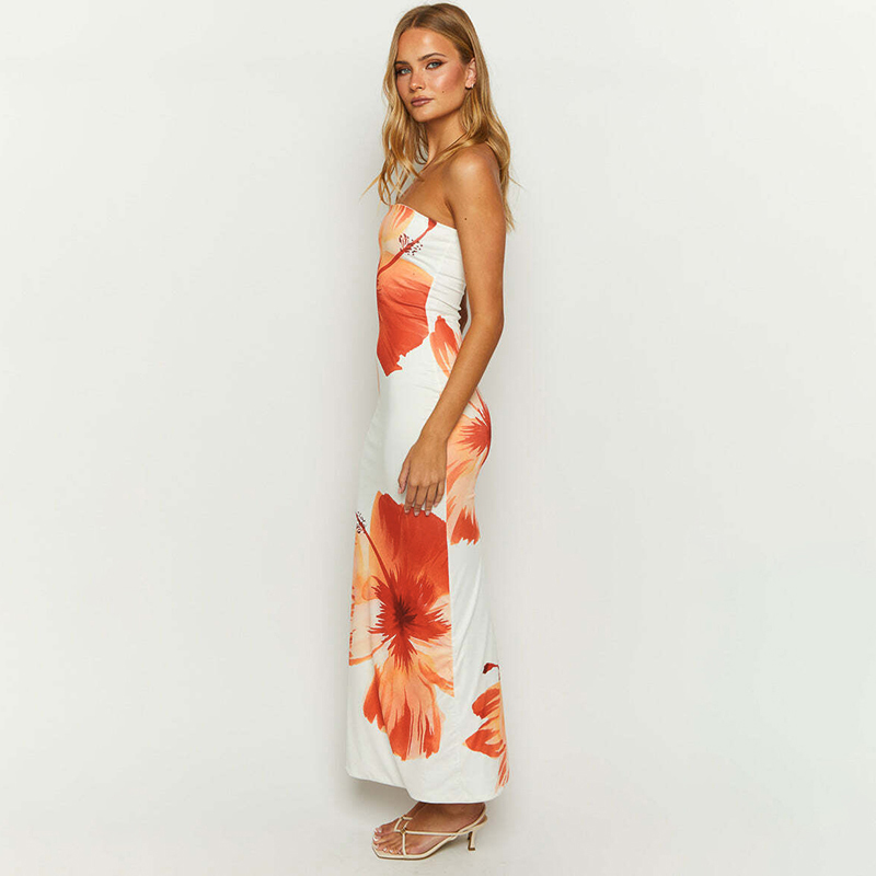 CUTENOVA Women's 2024 New Flower Printed Tubeless Dress Casual Vacation Off Shoulder Slim Beach Floor Length Long Dress