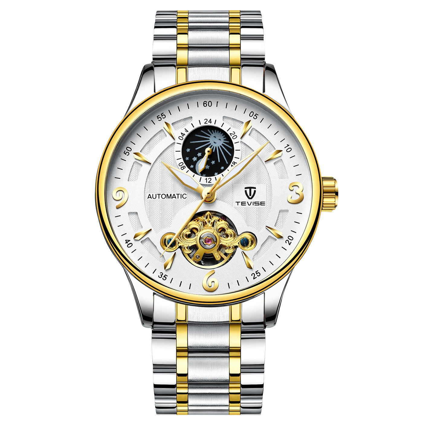 TEVISE Designer Watch Automatic Mechanical Watch Hollowed out Mens Watch with Moon Phase Tourbillon Casual Stainless Steel Strap Waterproof Function T