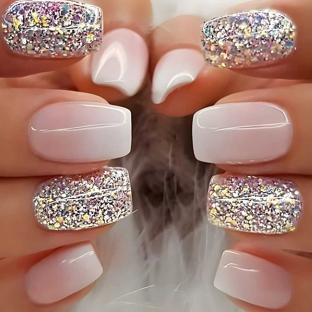 24pcs/set Glitter fake nails for women girls super flash sparkling gradient pink black tips faux ongles press on false nail artXJ250110