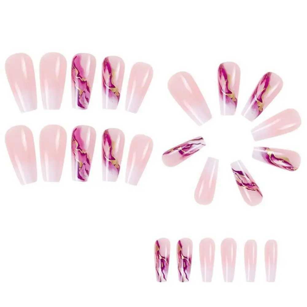 Unique Halo Staining Purple Gold Lines T-shape Nail Tips Square Head French Fake Nails Medium Length Ballerina False NailXJ250110