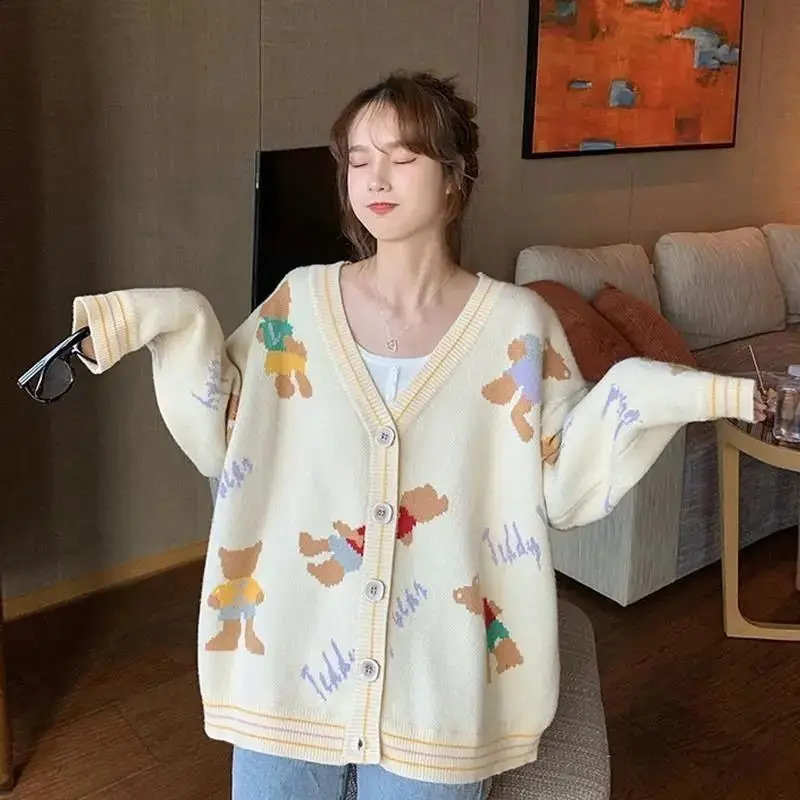 Knitted Korean Cardigan Womans Clothes Cute V-neck Jacquard Loose Outerwear Lazy Style Youth Lively Fashion Trend Autumn Winter 250106