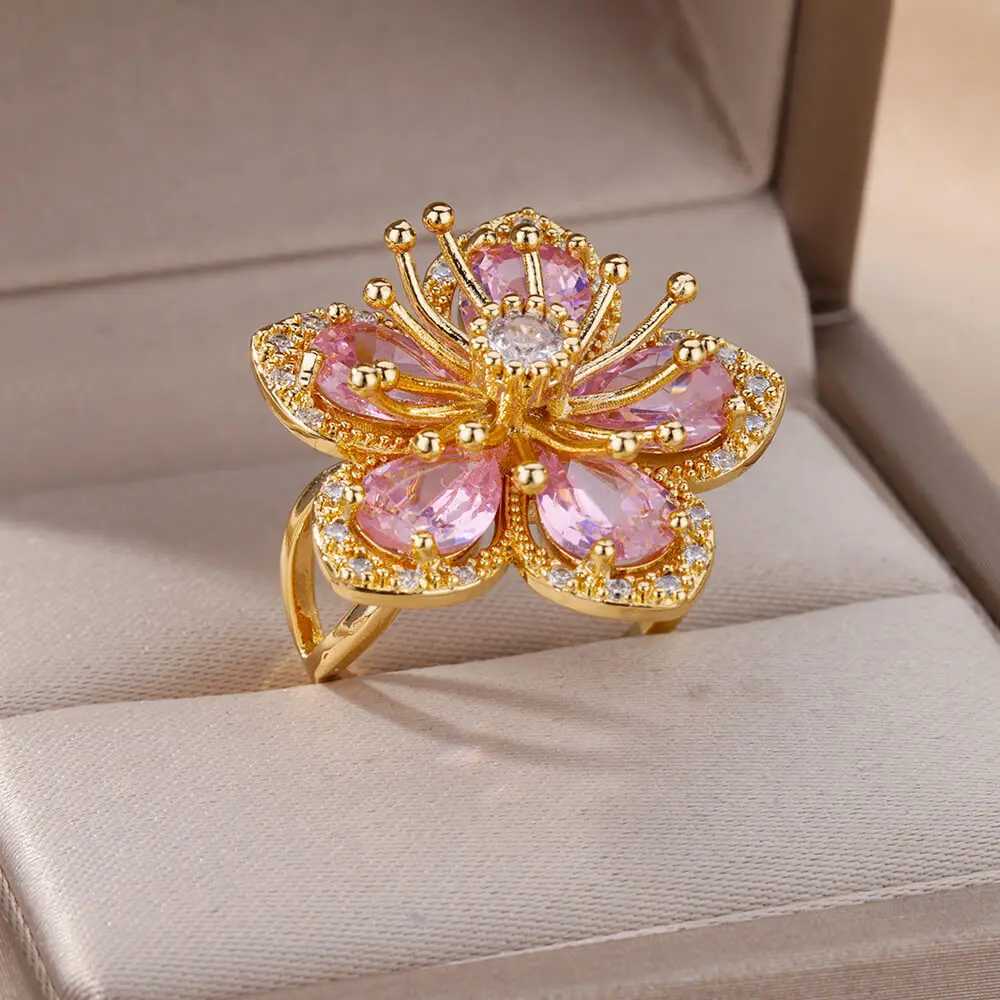Pink Zircon Flower Rings for Women Gold Color Stainl Steel Ring 2024 Trend Elegant Floral Luxury Aesthetic Jewelry anillosXJ250110