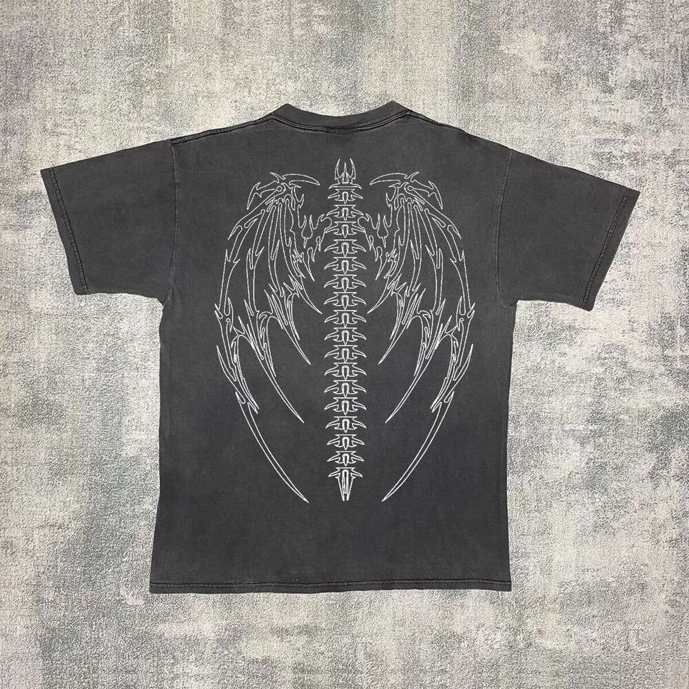 Ins niche design, small neckline, double wing printed short sleeved T-shirt, men's women's loose and versatile couple's top